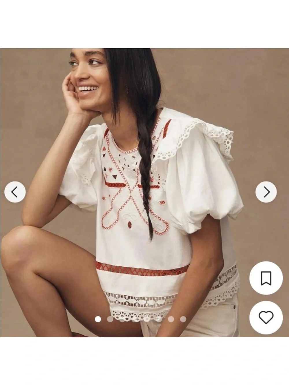 Anthropologie White Eyelet Blouse with Red Embroidery